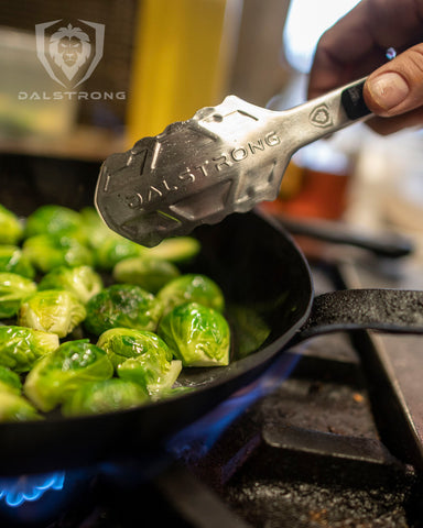 proformapeakmarketing Food Tongs 9" Stainless Steel Arms & Scalloped Tips in a pan of brussels sprouts