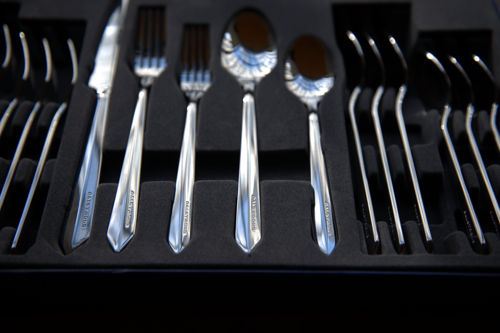 A close-up shot of a brand-new proformapeakmarketing Flatware Set on it's packaging.