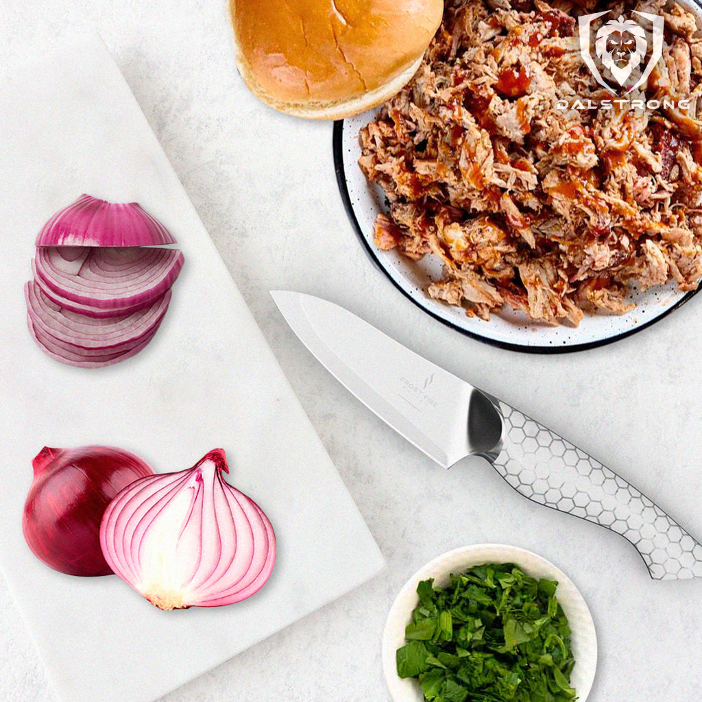 paring knife on table with pulled pork ingredients