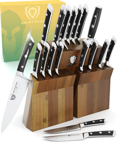 eighteen piece knife block set on a white background with three knives displayed out of the block