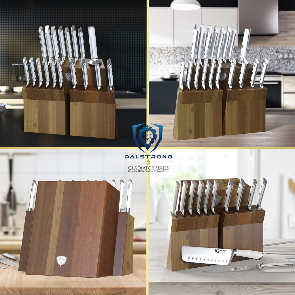 4 panel image of an 18 piece knife block set in four different kitchens