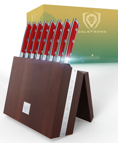 8-Piece Steak Knife Set Red ABS Handles with Storage Block | Gladiator Series | Knives NSF Certified | proformapeakmarketing