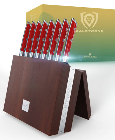 Gladiator Series 8-Piece Steak Knife Set - Red ABS Handles with Storage Block