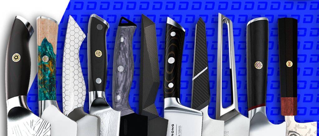 A photo of all the proformapeakmarketing Knife Series handles next to each other.
