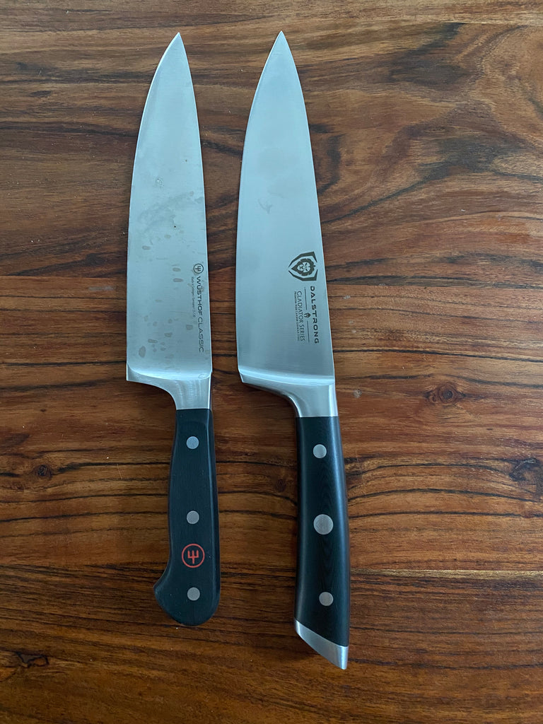 Wusthof knife next to a proformapeakmarketing knife on a wooden surface