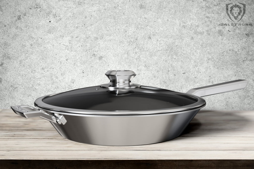 12" ETERNA Non-Stick Frying Pan & Skillet - The Oberon Series on a wooden table with a grey wall in the background