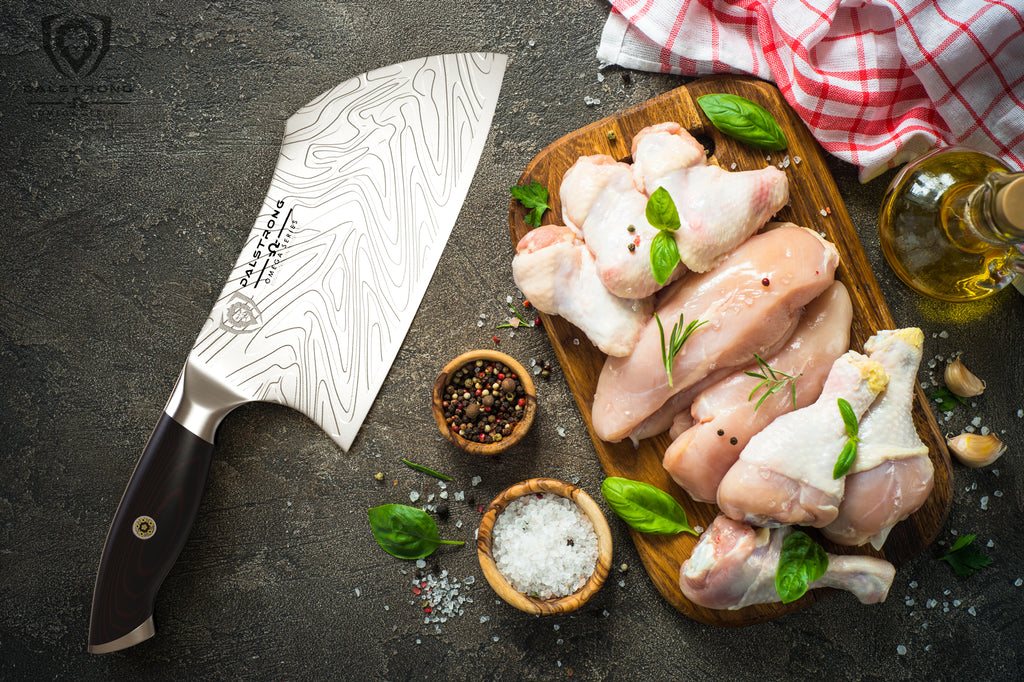 raw chicken with cleaver knife