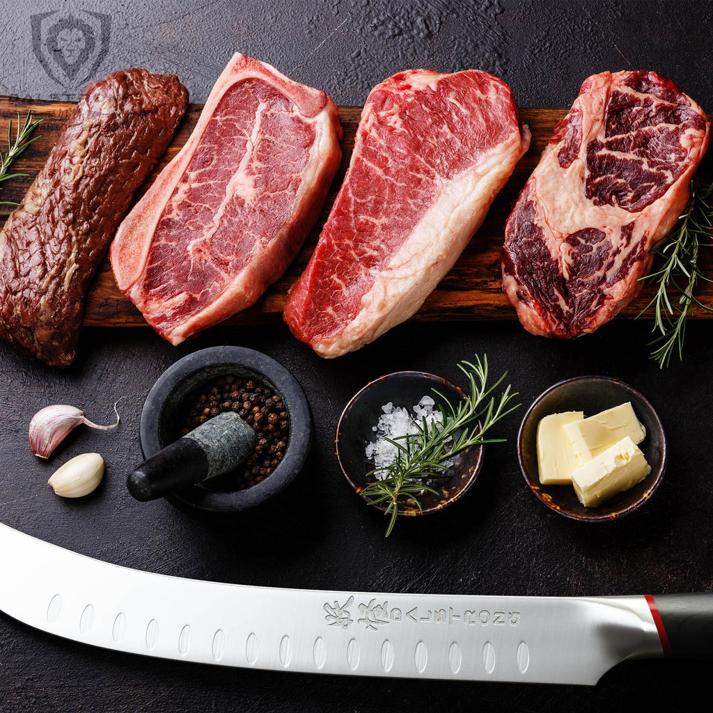 breaking knife beside cuts of raw steak