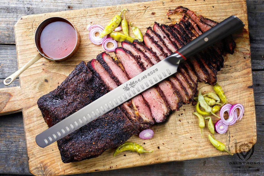 smoked brisket with carving knife laying on top