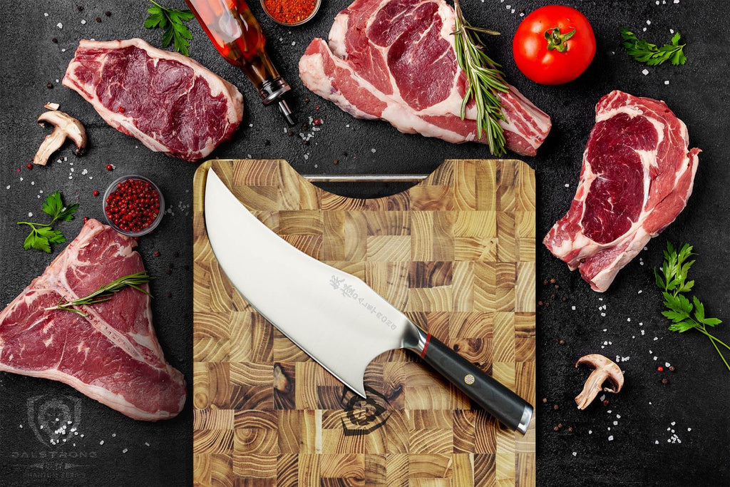 Unique cleaver knife on a wooden cutting board surrounded by uncooked meat