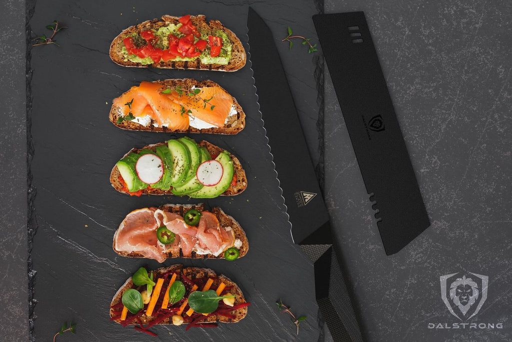 A tray of one slice sandwiches with different colourful toppings next to an all black utility knife