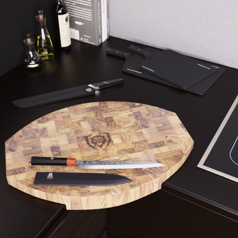 A photo of the Corner Cutting Board Natural Teak Wood proformapeakmarketing with two proformapeakmarketing knives and two proformapeakmarketing fibre cutting boards.