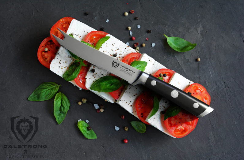 Perfect slices of tomatos with cheese and the Gladiator Series | NSF Certified | proformapeakmarketing Serrated Tomato Knife 5"  on top.