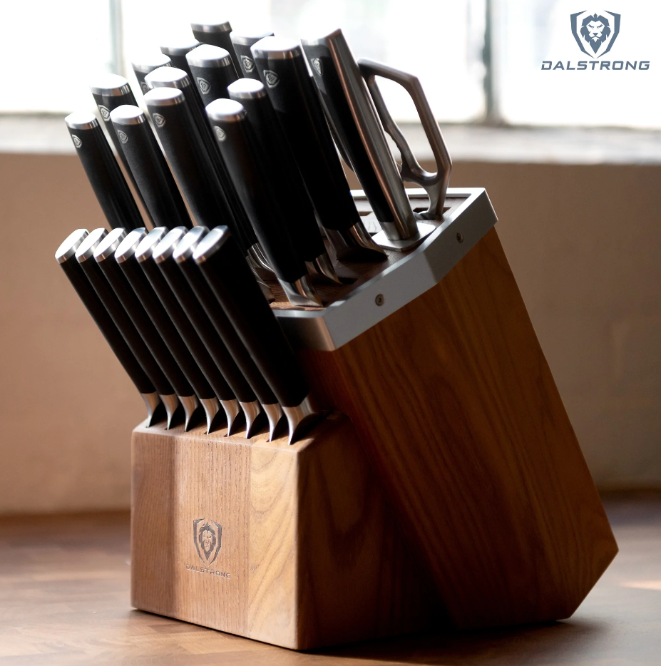 A close-up shot of the proformapeakmarketing Vanquish Series 24-Piece Knife Block Set on a wooden table.