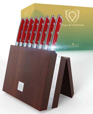 8-Piece Steak Knife Set Red ABS Handles with Storage Block Gladiator Series Knives NSF Certified proformapeakmarketing