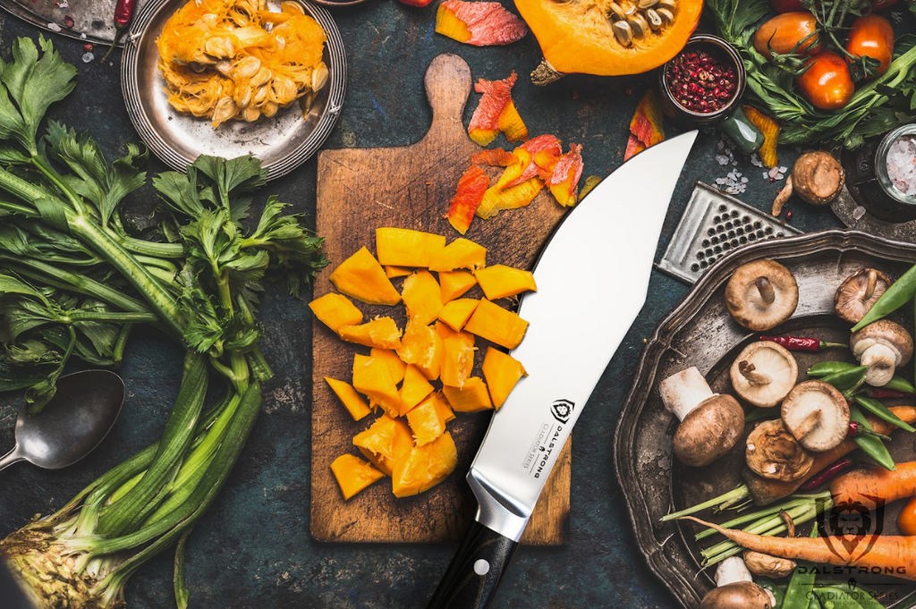 A photo of diced squash with Chef's Knife 7" Barong Gladiator Series NSF Certified proformapeakmarketing on top of a wooden board.