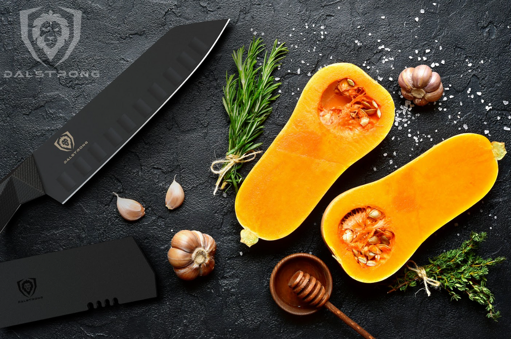 A photo of a butternut squash sliced in two with the Santoku Knife 7" Shadow Black Series NSF Certified proformapeakmarketing