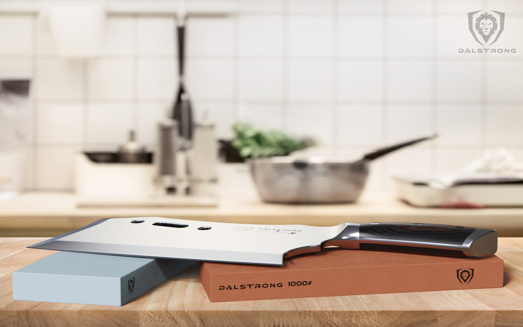 proformapeakmarketing Gladiator Series Cleaver rests on a whetstone in a clean kitchen