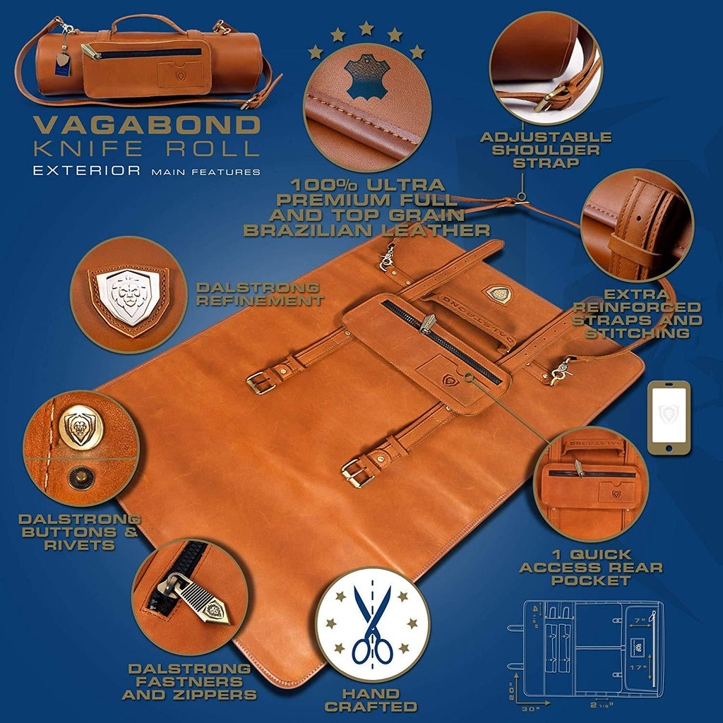 Graphic of the features of the Vagabond Knife Roll - Full Grain Leather - California Brown