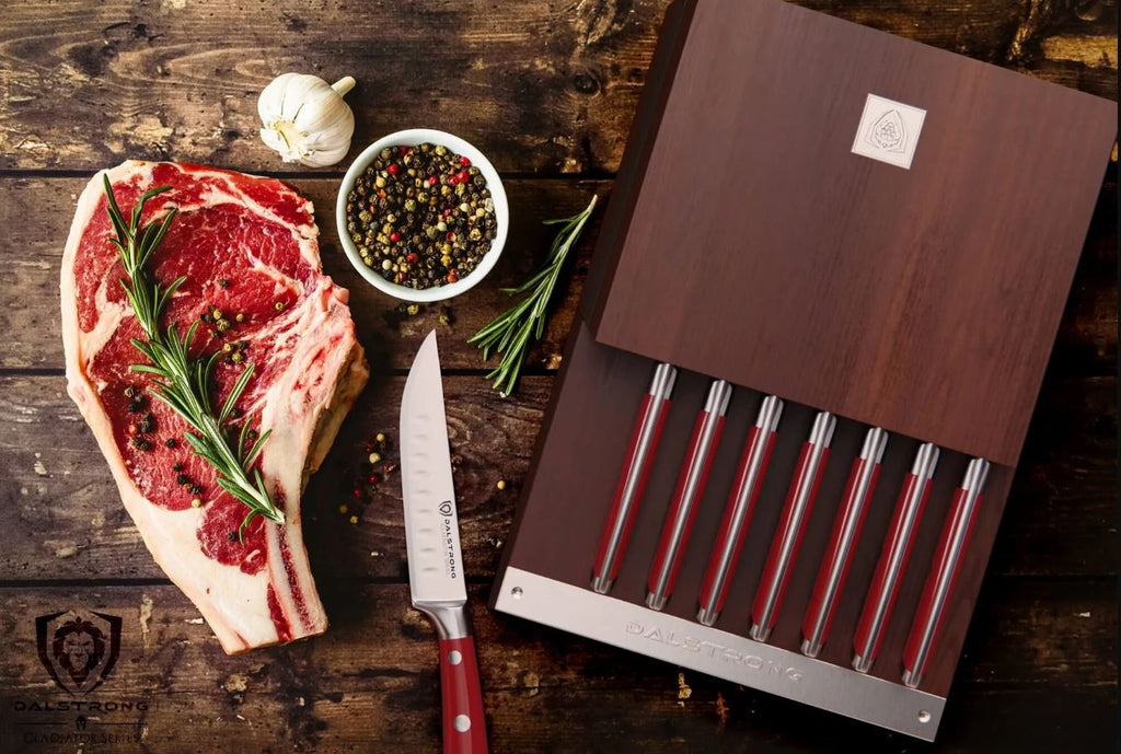 8Pc-Red Steak Knives beside a slice of meat on a rustic wooden tables