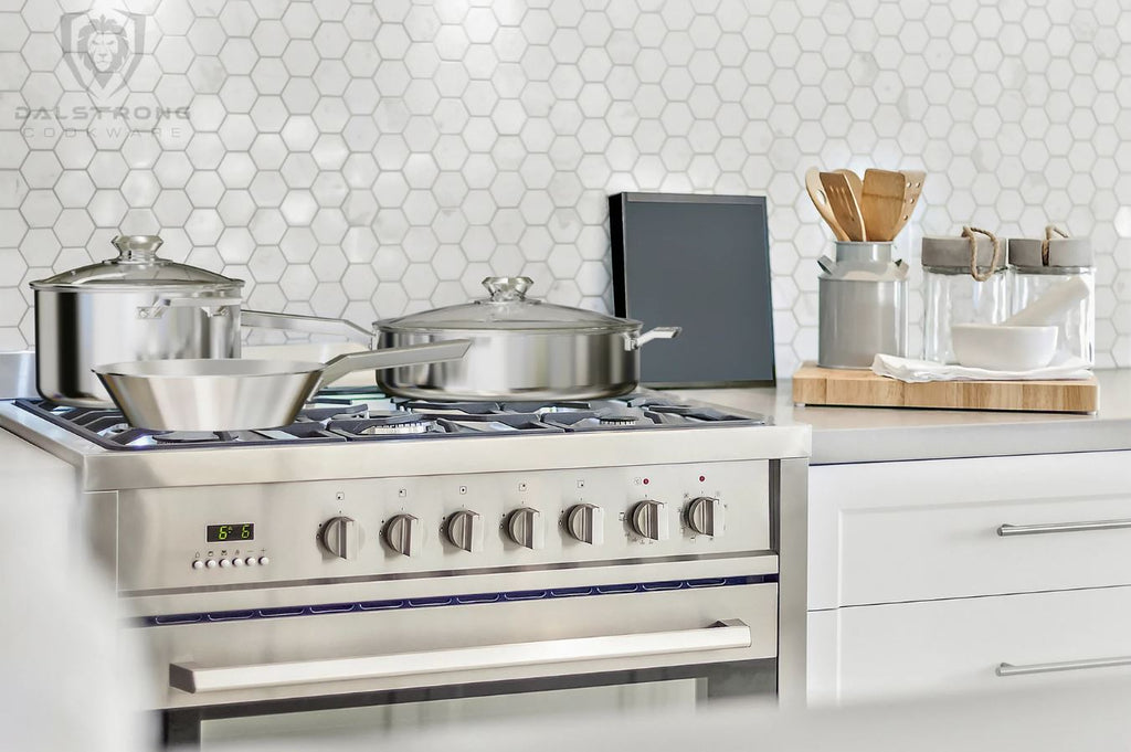 Oberon Series Cookware on a beautiful silver stove top