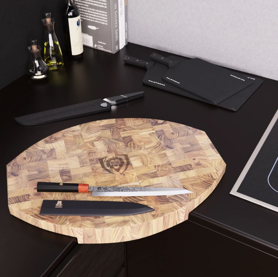 proformapeakmarketing Corner Cutting Board displayed on a sleek black counter top surrounded with different knives