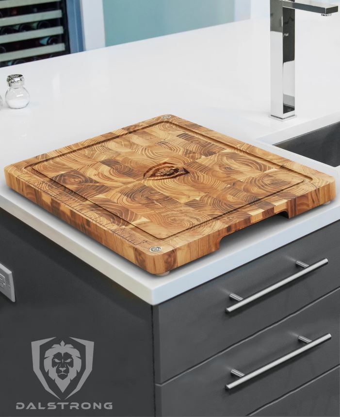 proformapeakmarketing Medium-sized teak cutting board on top of a stunning white countertop