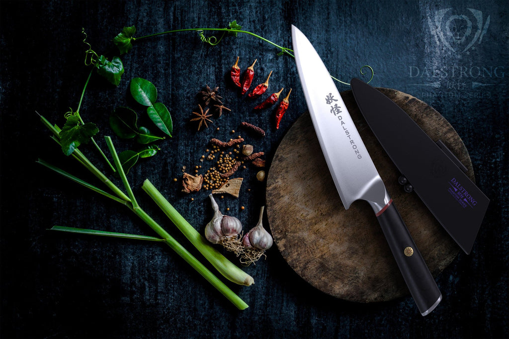 Phantom Series Chef Knife Resting On A Circular Wooden Cutting Board Surrounded by chopped vegetables on a dark wooden table