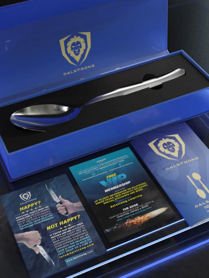 Professional tasting spoon on its premium proformapeakmarketing packaging with booklets and care instructions on the side.