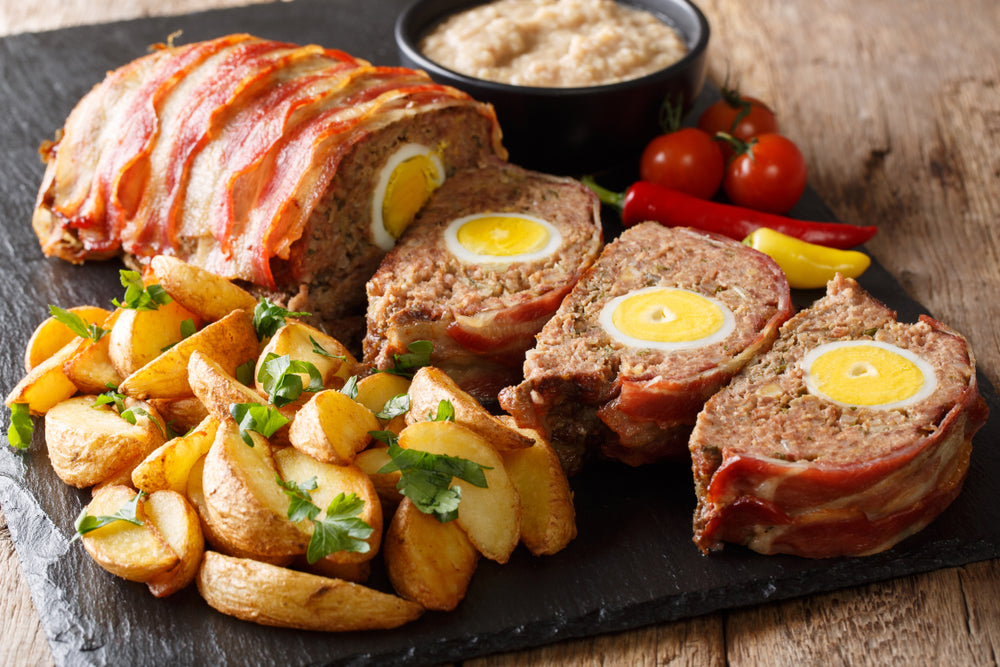 Classic german meatloaf with potato wedges and bacon next to sauce on a plate