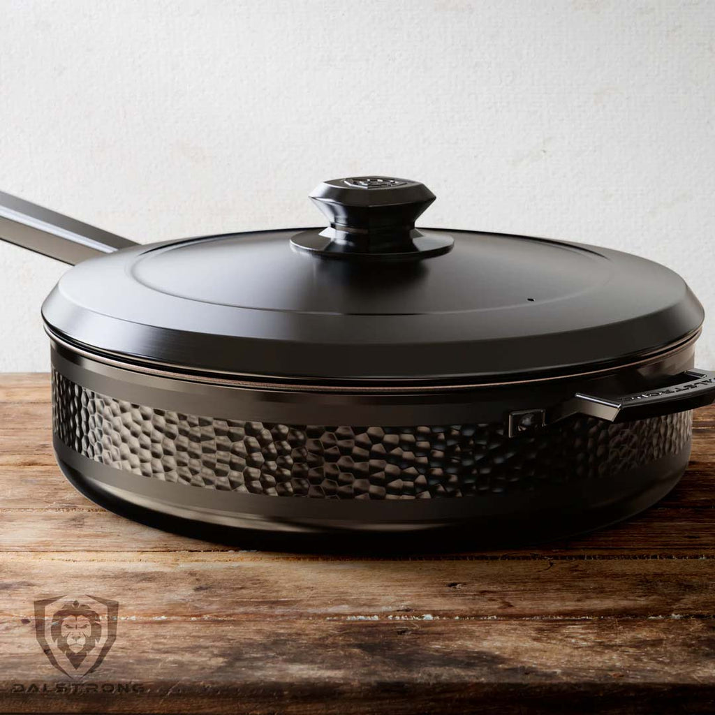 12" Sauté Frying Pan | Hammered Finish Black | Avalon Series | proformapeakmarketing on top of a wooden table.