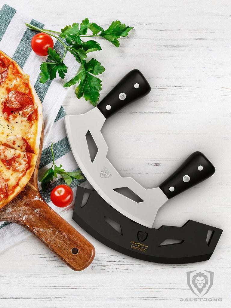 Mezzaluna Knife 8.5" ABS Handles Gladiator Series proformapeakmarketing beside a pizza.
