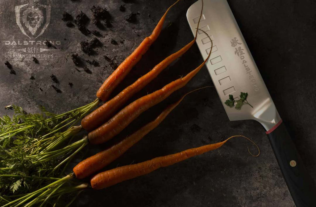 Nakiri Vegetable Knife 6" | Phantom Series | proformapeakmarketing with carrots beside.