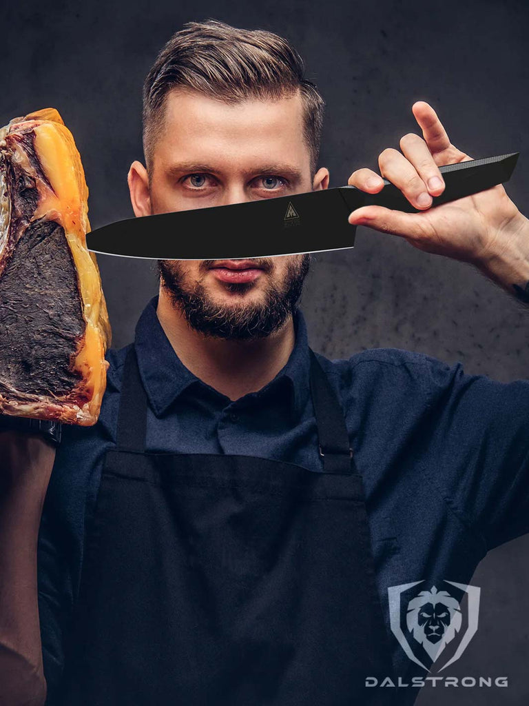 A man holind a dry aged steak and Chef's Knife 8" | Shadow Black Series | NSF Certified | proformapeakmarketing